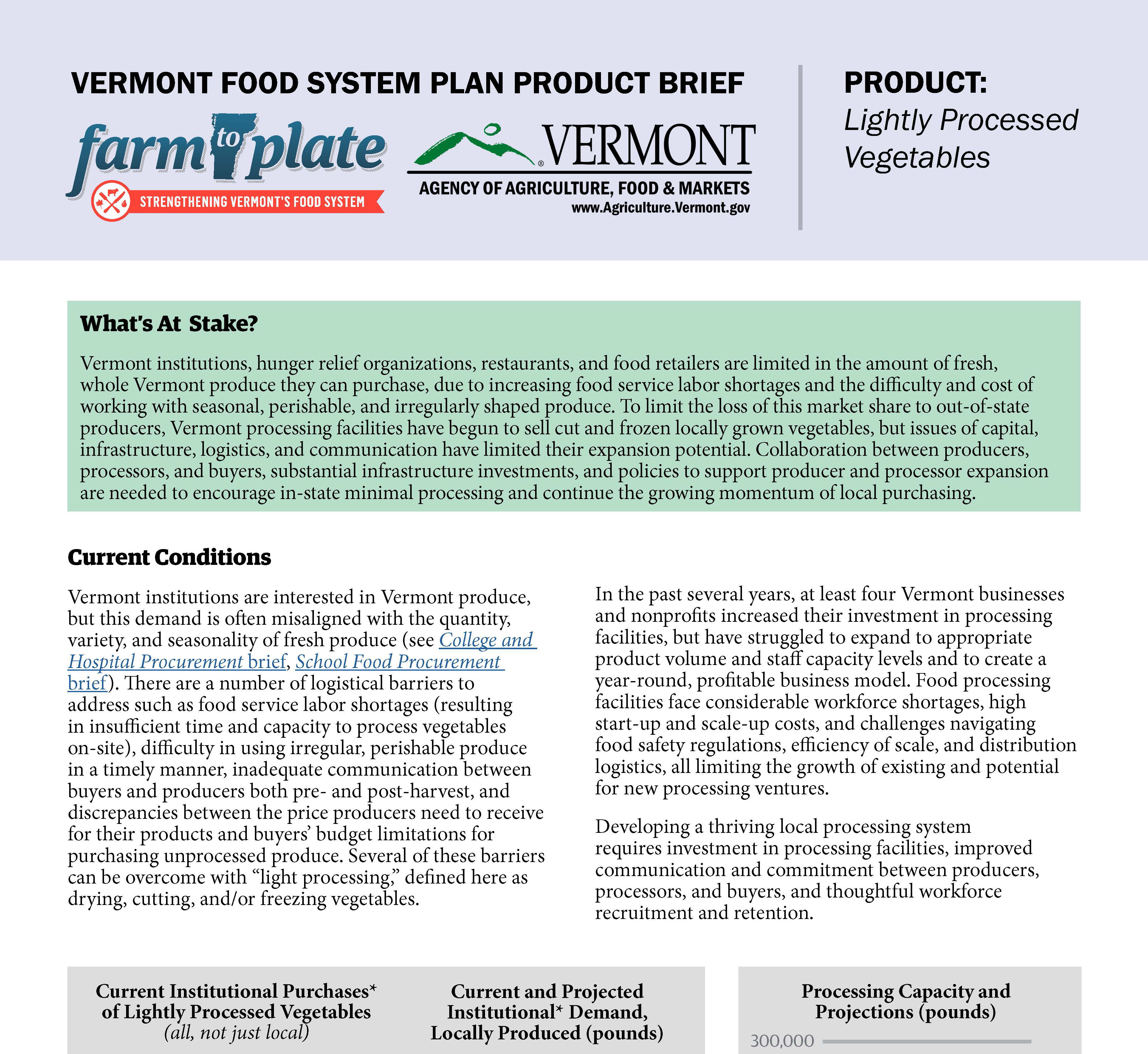 PRODUCT Lightly Processed Vegetables VT Farm to Plate