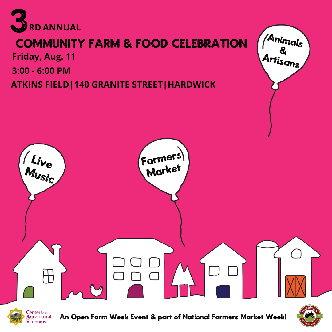 Visual with a bright red background, houses, and balloons, with the text Community Food and Farm Celebration! 
