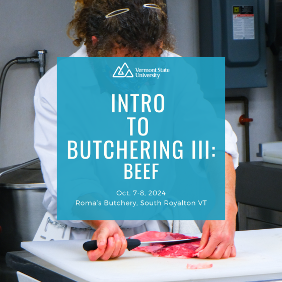 image of butchery training with text over it listing "Intro to Butchery III: Beef", October 7th-8th 2024, Roma's Butchery, South Royalton VT