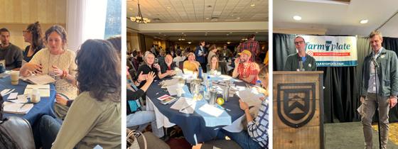 3 photo collage of past Gathering participants. Left most photo - 2 people talking at a table. Middle photo - a group of people working around papers at a table. Right photo - 2 keynote speakers at the podium.