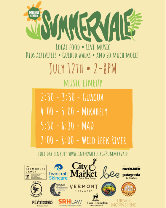 Summervale 2025 Poster. July 12, 2-8 pm. Local food, live music, kids' activities, guided walks, and so much more!