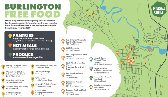 Burlington Free Food Map, with locations and types of free food services