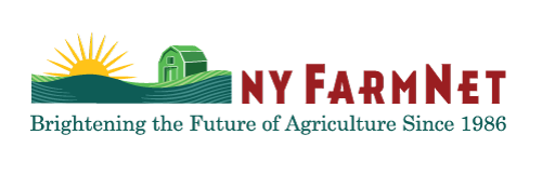 NY FarmNet. Brightening the Future of Agriculture Since 1986. Illustration of a barn in a field and a rising sun.