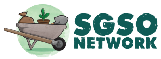 SGSO Network Logo. Illustration of wheelbarrow with potted plant, shovel, and bag of soil.
