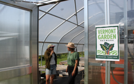 In July, the Farm to Plate Land Access & Land Use Topic Exchange  explored community growing spaces at Vermont Garden Network’s  greenhouse in Landry Park, Winooski. Photo by Jessica Poulin.