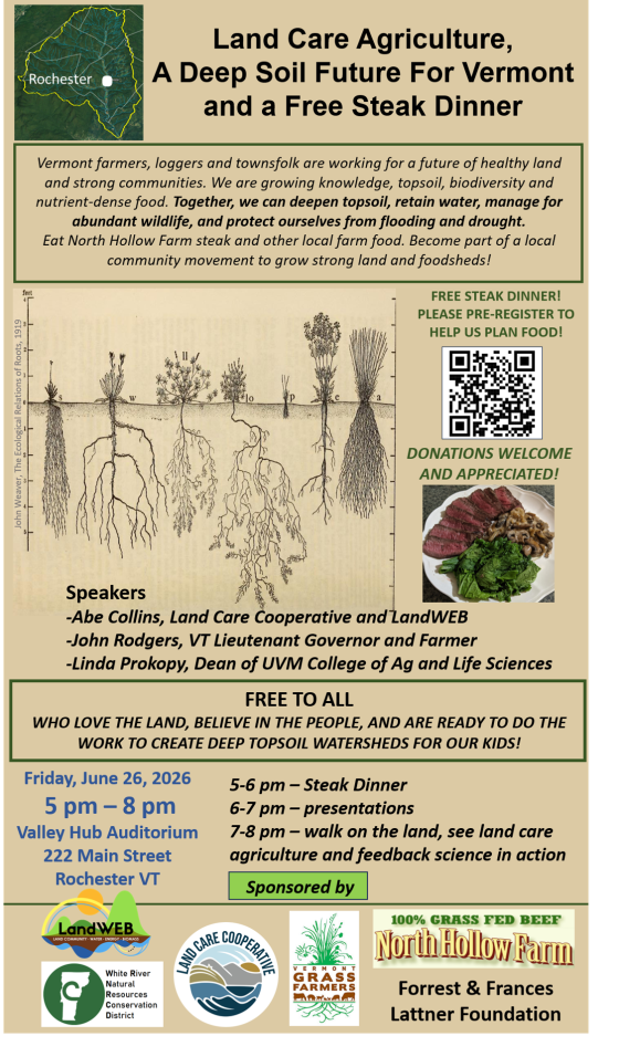 Poster for Land Care Agriculture, A Deep Soil Future for Vermont and Free Steak Dinner. 