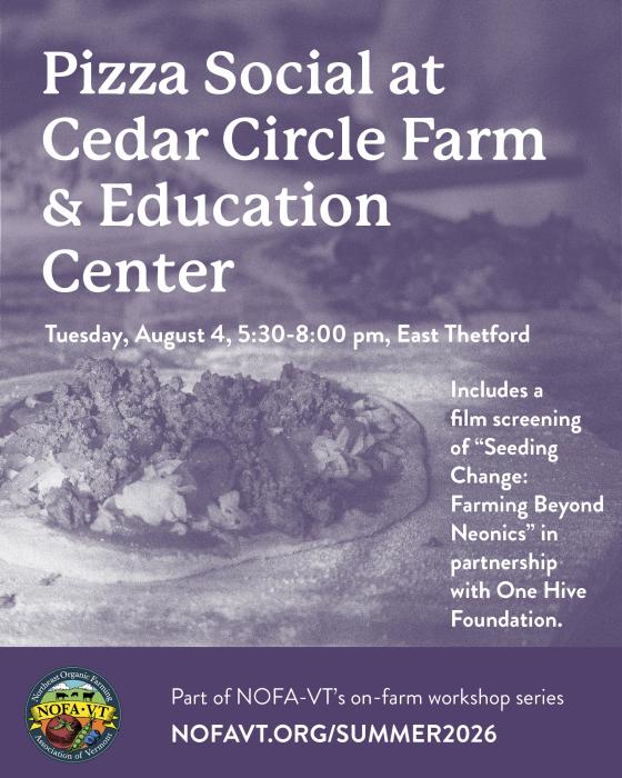 NOFA-VT purple flyer with pizza social text and land image