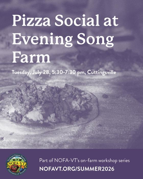 Purple NOFA-VT flyer for pizza social
