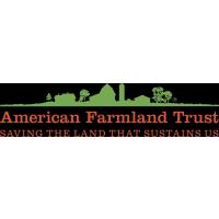 logo for American Farmland Trust. Saving the land that sustains us. Green outline of farm buildings